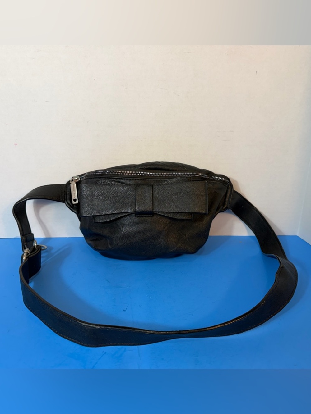 Black Leather Waist Bag with Front Bow Accent